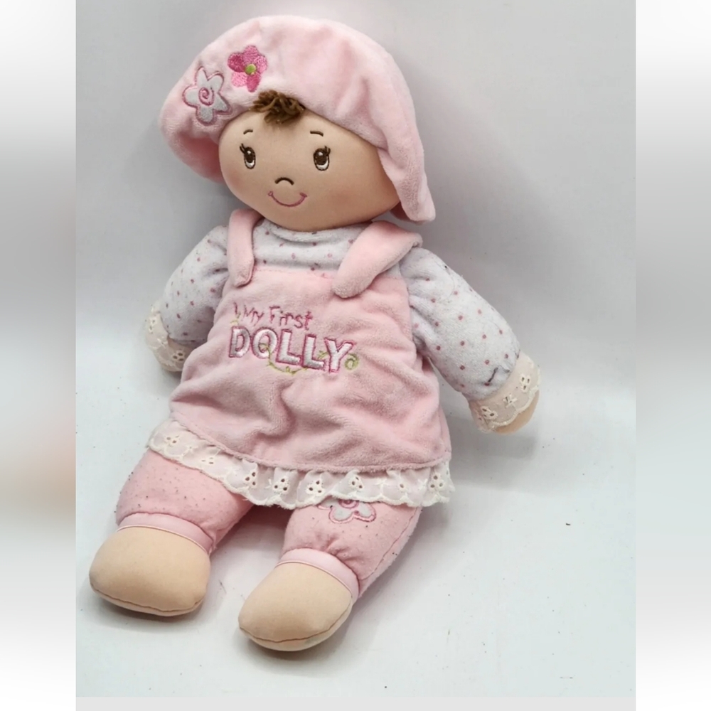 Baby Gund My First Dolly Plush Doll Brunette Brown Hair Brown Eyes Pink Dress